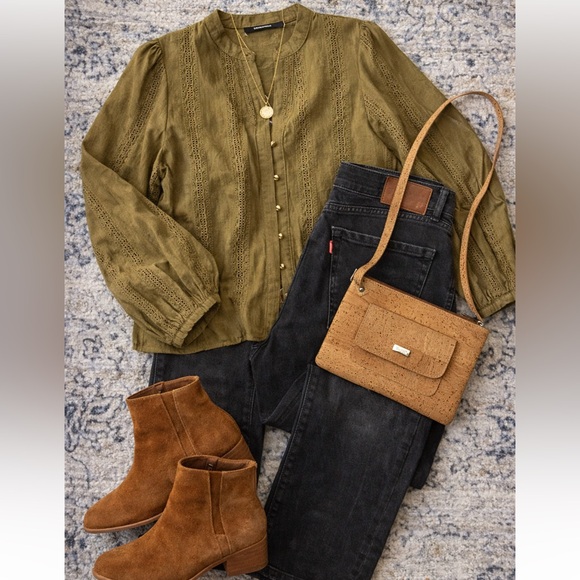 Zara Tops - Zara Olive Boho Top + Levi’s Dark Wash Boyfriend Jeans vegan purse Outfit Bundle